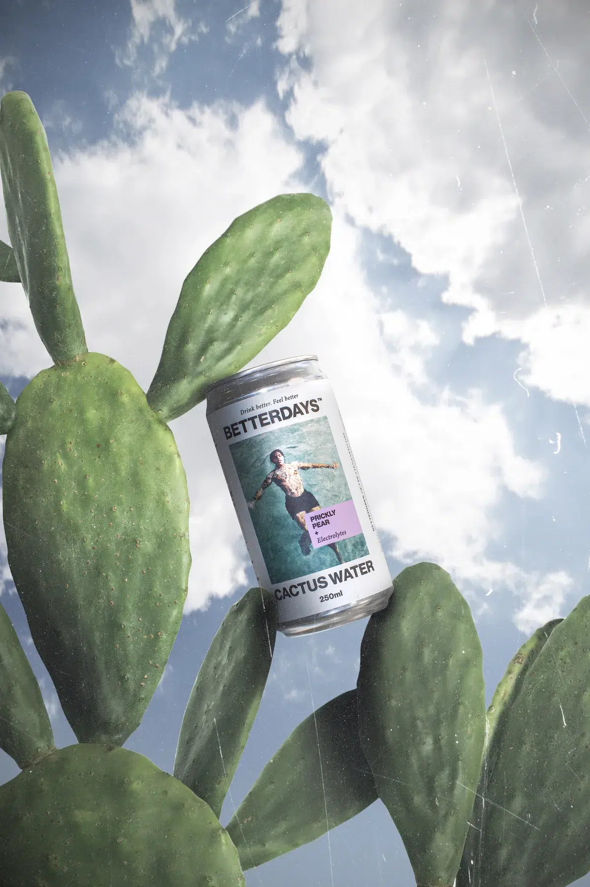 Better Days Prickly Pear cactus water can held against prickly pear cactus and blue sky