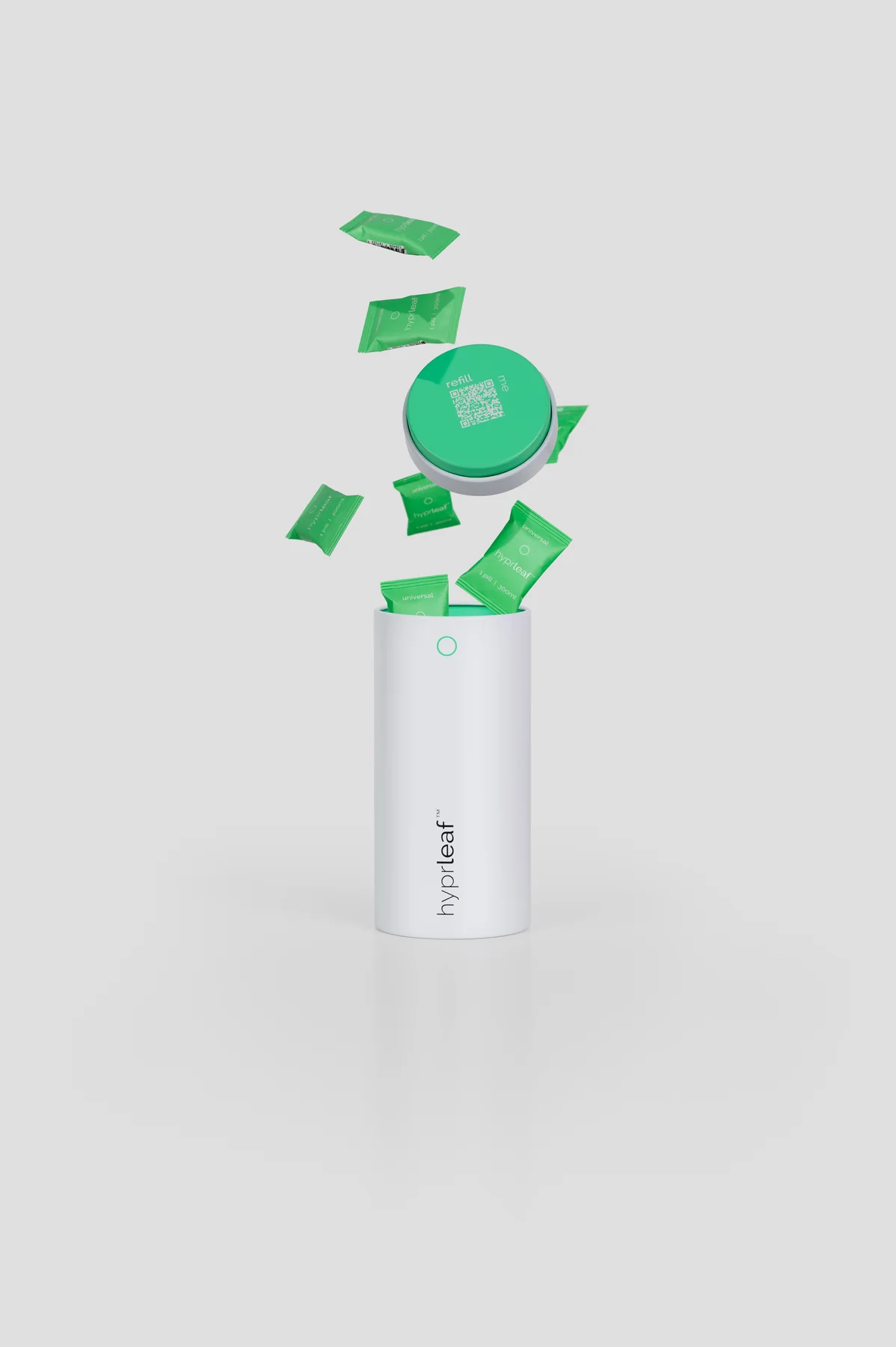 Hyprleaf refill canister open with green cleaning pods and QR refill lid floating above it