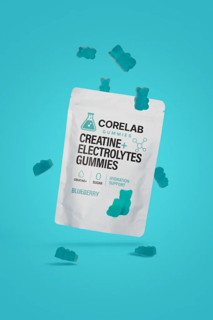 Corelab Creatine and Electrolytes blueberry gummies pouch with gummy bears floating on a teal background
