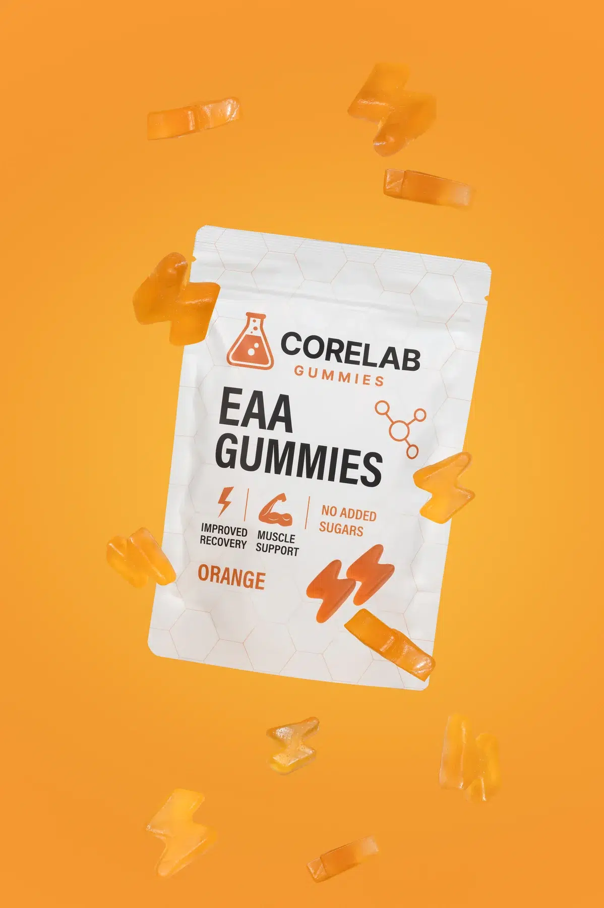 Corelab EAA orange gummies pouch with lightning-bolt gummies floating on an orange background