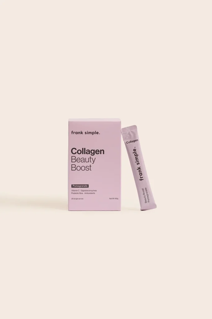 Frank Simple Collagen Beauty Boost box with a single sachet on a neutral background