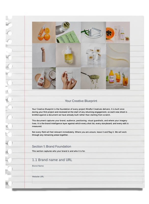 Mindful Creatives Creative Blueprint document with brand imagery, project questions and planning fields.